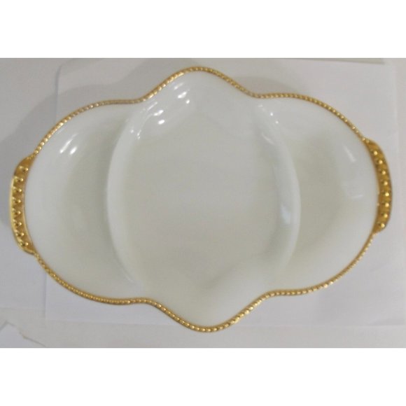 Fire King Oven Ware Divided White Milk Glass Gold Trim Dish vtg Anchor Hocking - Picture 2 of 7